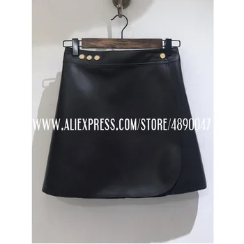 

leather sheepskin A-line skirt elegant black mini skirt Women's 2020 winter mini skirt Composite sheepskin High waist skirt