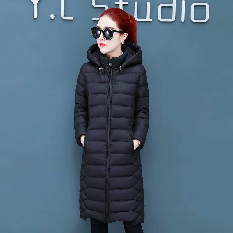 Повседневная зимняя куртка женская однотонная 4 цвета с капюшоном женская верхняя одежда парка длинное стеганое пальто Mujer Invierno - Цвет: Черный