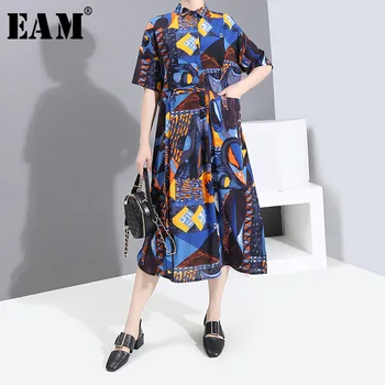 

[EAM] Women Blue Pattern Printed Big Size Shirt Dress New Round Neck Half Sleeve Loose Fit Fashion Tide Spring Summer 2020 1S765
