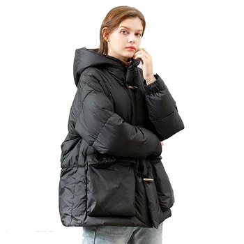 

New 2020 Winter Coat Women Female 90% White Duck Down Jacket Thicken Warm Loose Down Coat Hooded Zipper Horn Button Down Parka