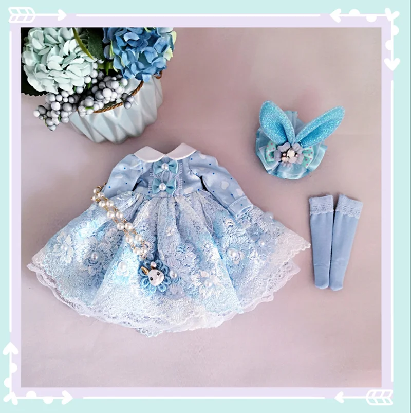 Одежда для 1/6 Blyth Doll, голубое кружевное платье с вышивкой и кроликом, головной убор для Pullip, Licca, Azone 1/6, аксессуары для кукольной одежды