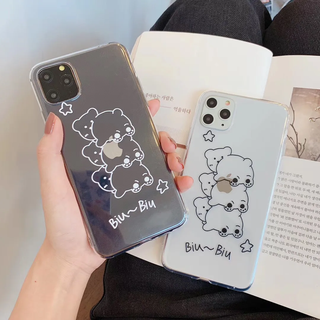 

Newest simple cartoon animal couple bear phone case For iphone Xs 11 pro MAX 7 8 plus letter line clear soft TPU back Cover Capa