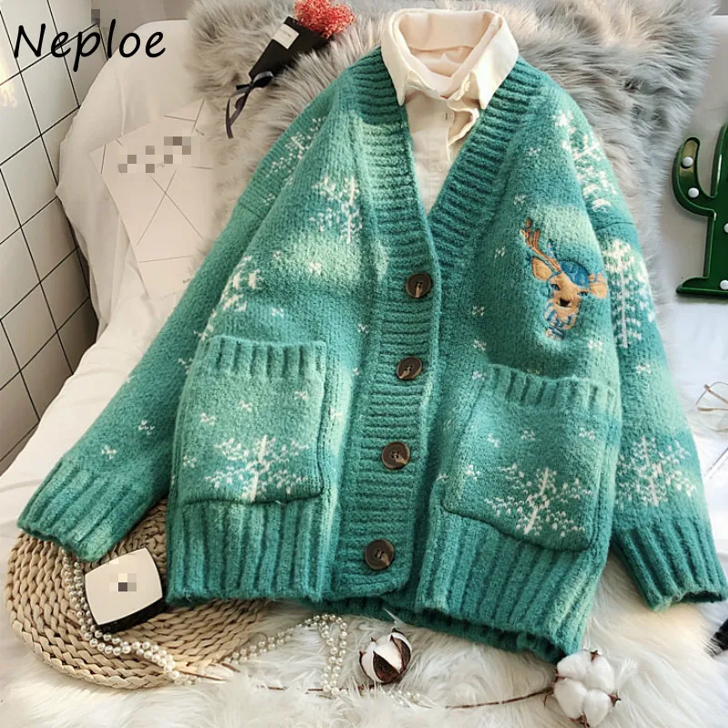 Neploe Sweet Fresh Snowflake Deer Pattern Sweater Women Soft Simple Femme Knitted Cardigan 2022 New Chic Stitching Pocket Jacket |