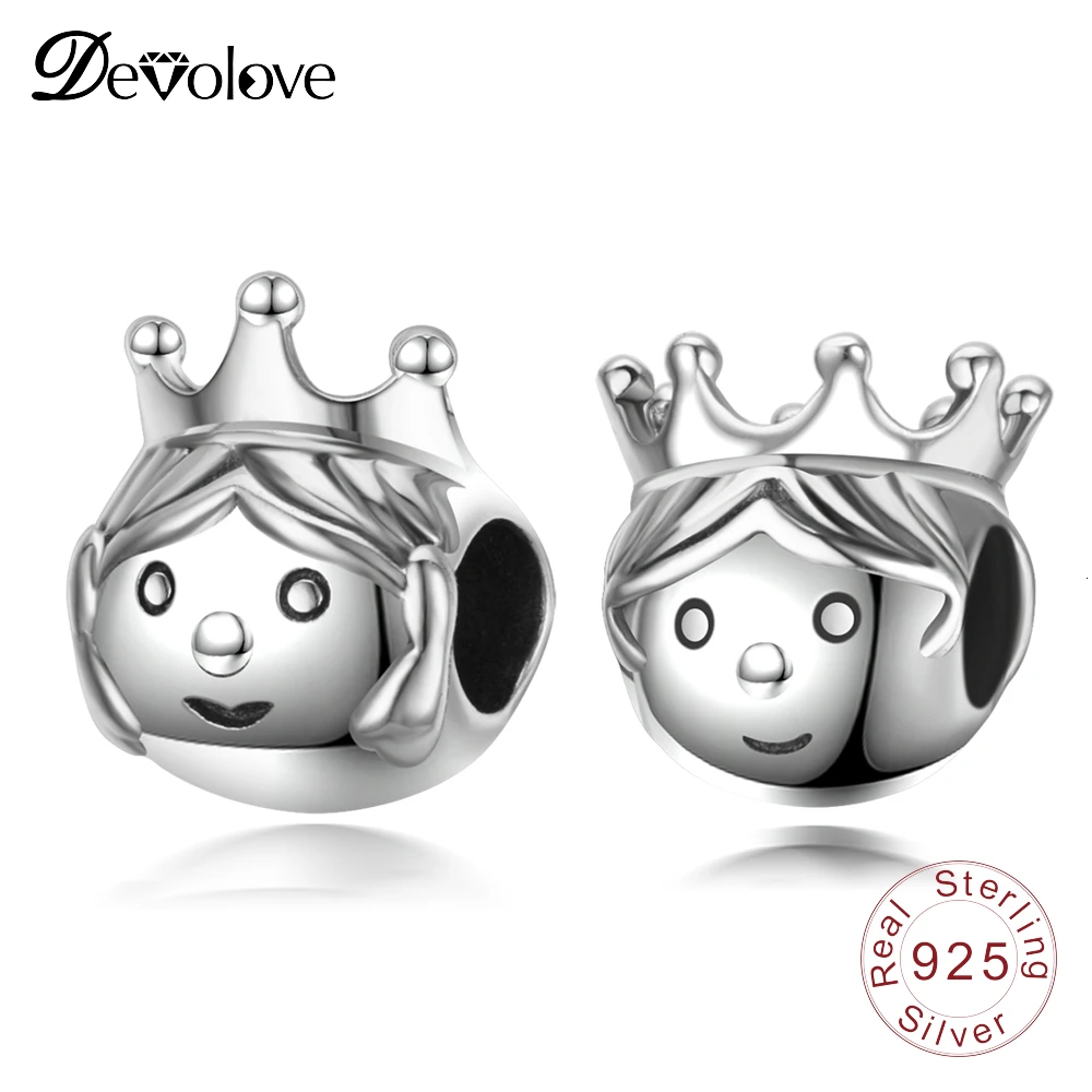 

DEVOLOVE Princess&Prince Charms Real 925 Sterling Silver Charms Beads Fashion Jewelry Gifts Fit Original Pandora Charm Bracelets