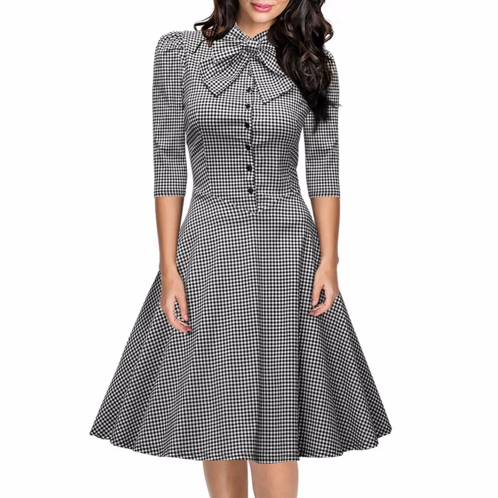 

Formal Office Dresses For Women 2019 Bow Tie Half Sleeve Plaid Shirt Dress Summer Casual Work Midi Dress Female Vestidos