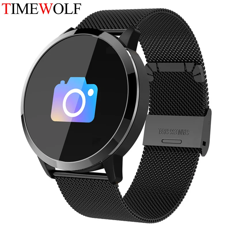 Black Black Steel Умные часы Timewolf с цветным сенсорным экраном Q8, 1080 p, мужские часы, Reloj Inteligente, монитор сердечного ритма, фитнес-трекер, умные часы Q8 - Цвет: Black Black Steel