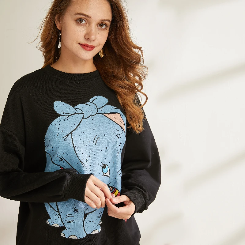 Dumbo Sweatshirt women clothing carton Elephant print autumn streetwear fashion o neck long sleeve oversize Black pullover