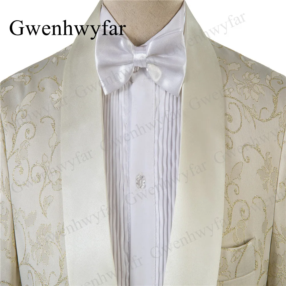 Gwenhwyfar Tailor-made Men Tuxedos Cream Color Gold Line Embroidery Costume Formal Shawl Lapel Men Suits 3 Pcs
