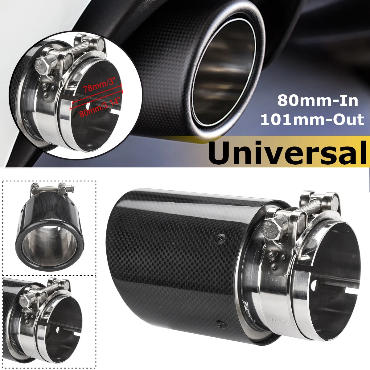 Universal 80mm In 101mm Out Glossy Hitam Serat Karbon Mobil Knalpot 