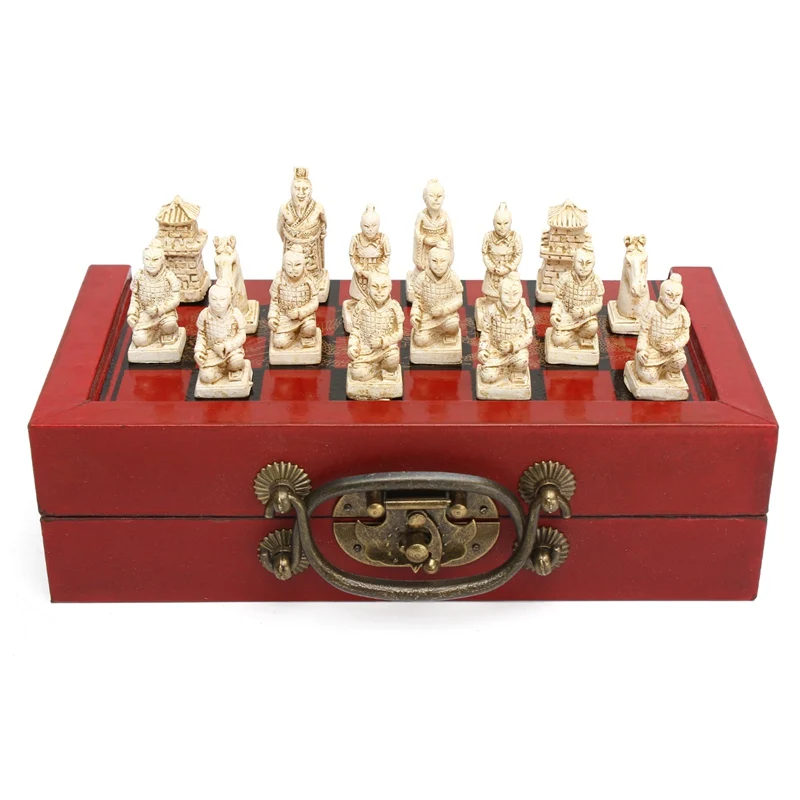 Китайский деревянный кожаный ящик с 32 шт. Терракотовая фигура шахматы набор развлечения шашки шахматы традиционные игры