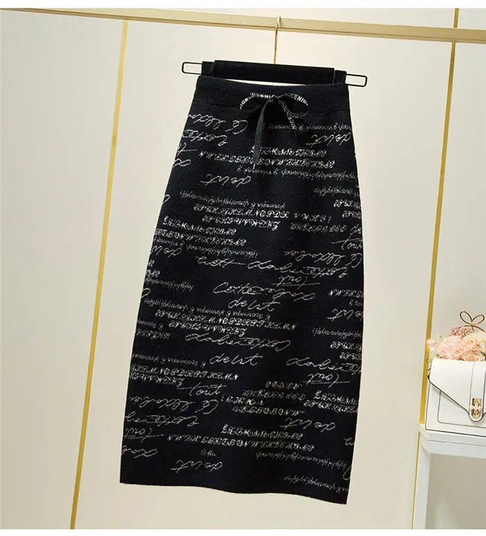 Imitation Rabbit Fur Core-Spun Yarn Skirt Women Spring And Autumn Midi Letter Print Knit Skirt High Waist Package Hip Jupe y1078 white pleated skirt