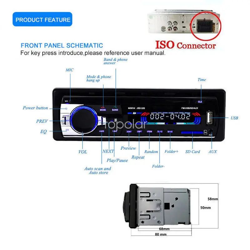 Автомагнитола 1 DIN 12 в FM радио Bluetooth mp3 плеер аудиопорт USB/SD MMC порт ISO подключение к