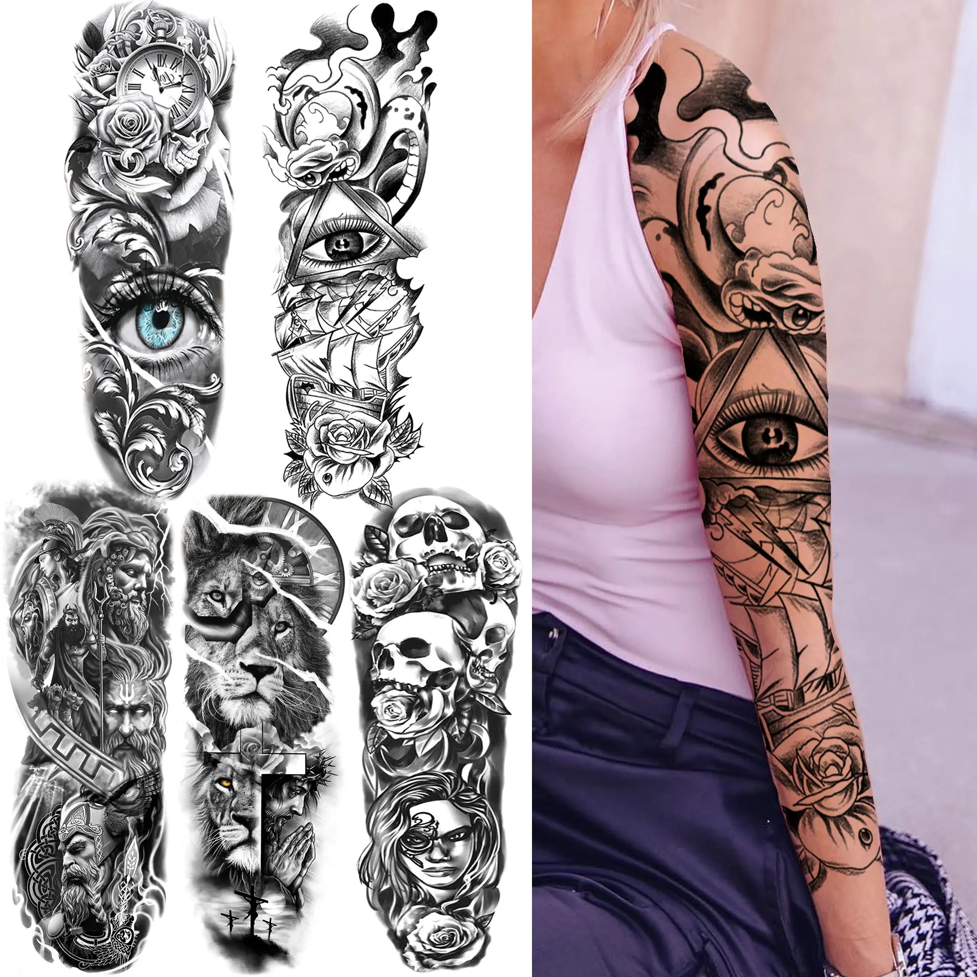 

Demon Eye Temporary Tattoos Sleeve For Women Men Black Lion Skull Tattoo Sticker Warrior Cross Fake Self Adhesive Tatoos Paste