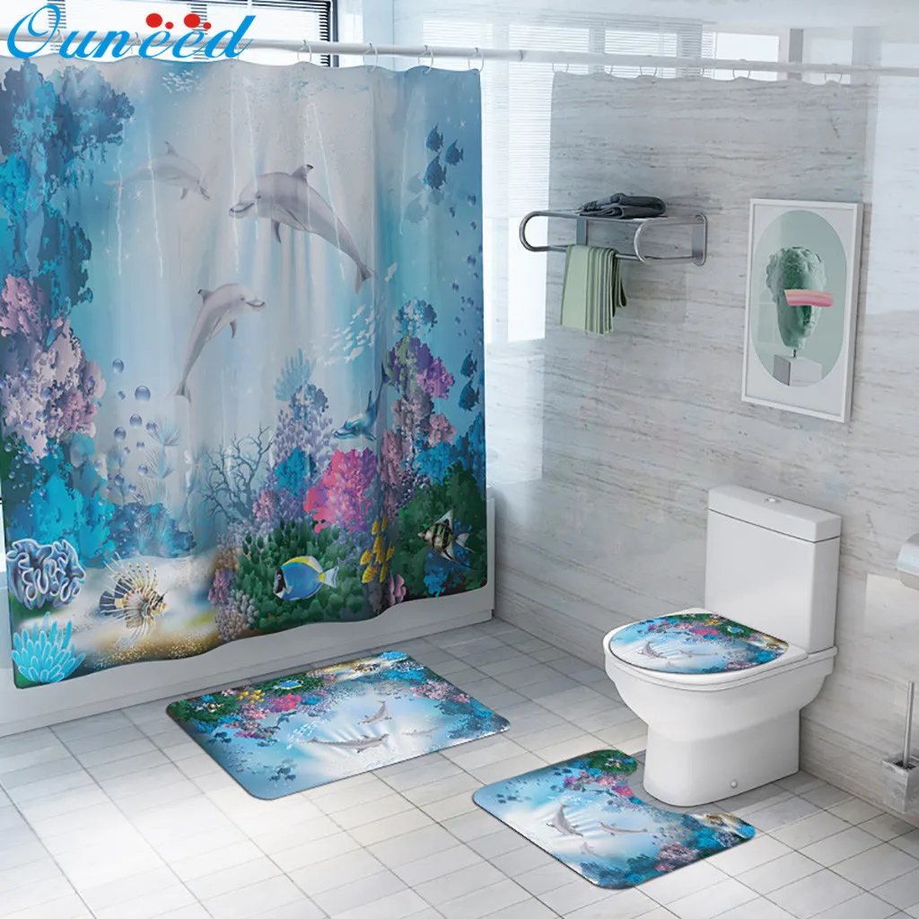 Ouneed 4PCS Dolphin ocean prints Bathroom Shower Curtains sets Non Slip pattern waterproof Toilet curtains Cover Mat | Дом и сад