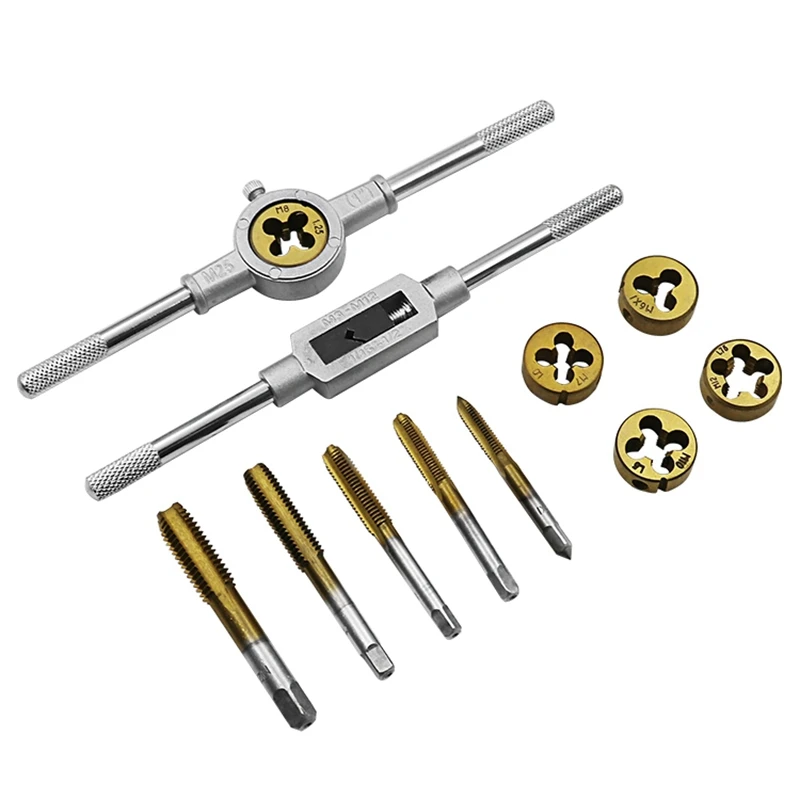 

12Pcs Tap Dies Set Nc Screw Thread Plugs Taps M6 M7 M8 M10 M12 Titanium Plating Hand Screw Taps with Wrench