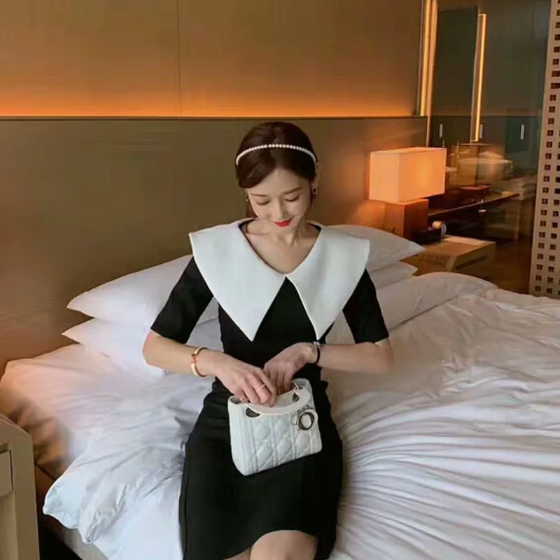 2020 Summer Women Elegant Office Dress Korean Party Black And White Big Turn-Down Collar Midi Dress Vestido Festa