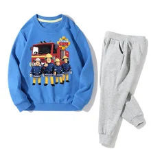 Весенний комплект одежды для мальчиков, Розовый пуловер для девочек, пальто+ штаны, комплекты одежды из 2 предметов спортивные костюмы с рисунком пожарного Сэма для малышей, JZ066