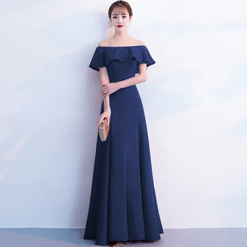 

Navy Blue Noble Women Satin Half Sleeve Lace Dress Sexy Slim long Length Evening Party DresseOne-shoulder evening dress Vestidos