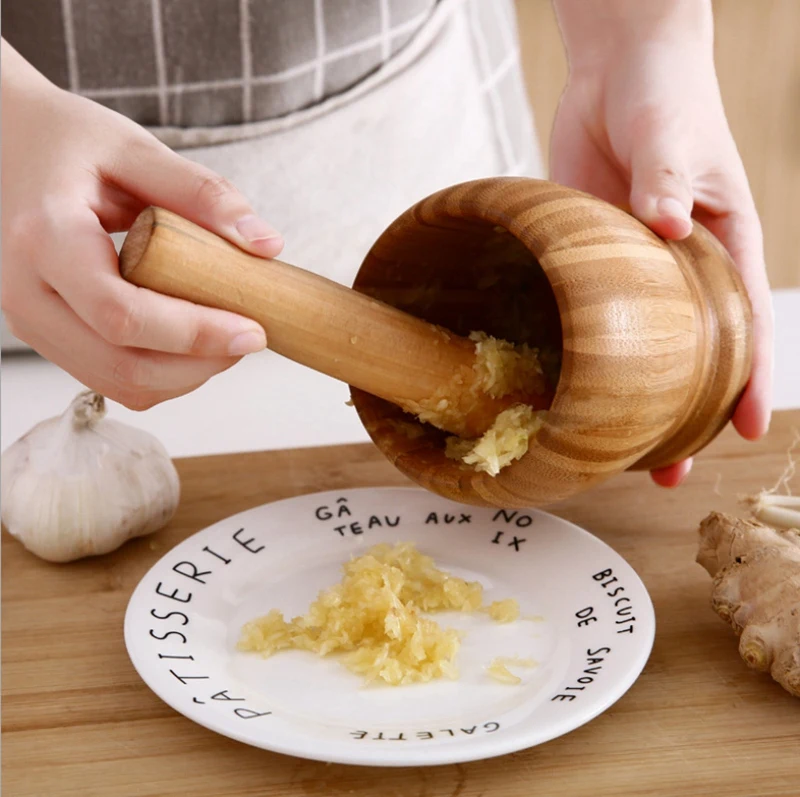 Pestle Grinding Bowl Set Bamboo Mortar And Pestle Pedestal Bowl Garlic Pugging Pot Spice Pepper Mill Tools Kitchen Tools M