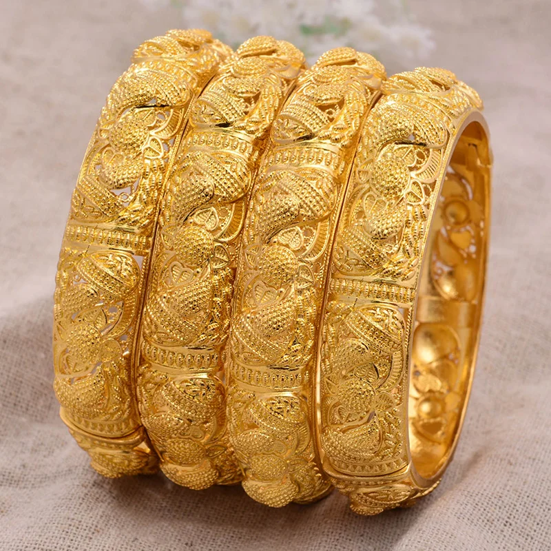24K Bangles 4Pcs/Lot Ethiopian Africa Fashion Gold Color Bangles For Women African Bride Wedding Bracelet Jewelry Gifts