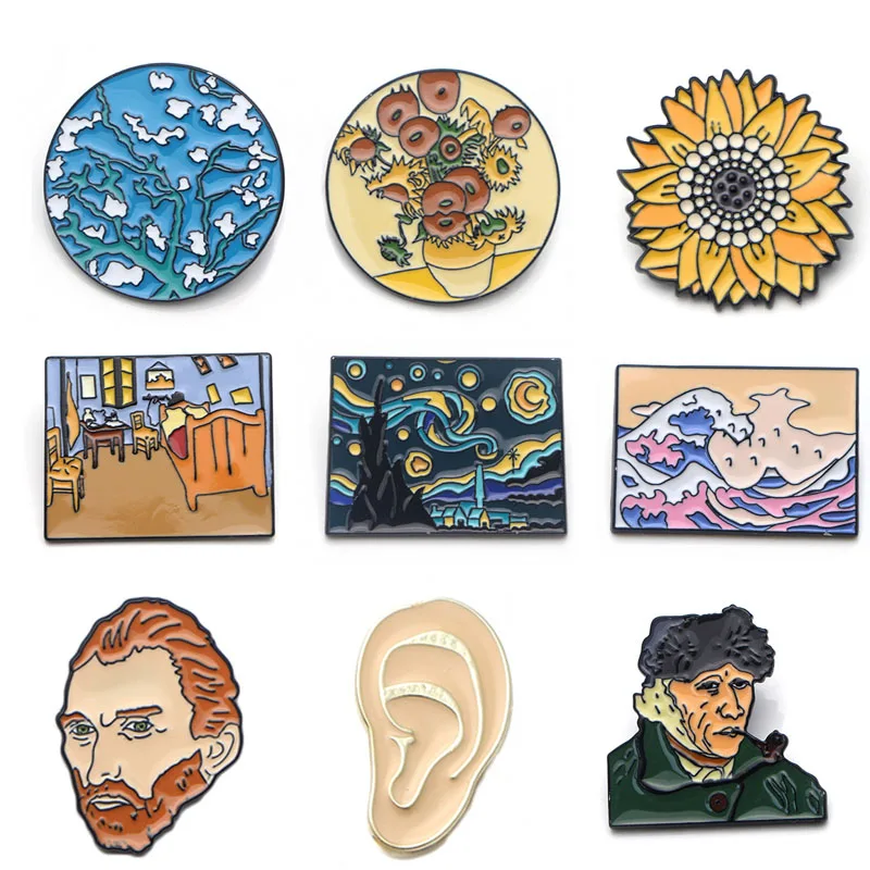 

K339 Fashion Van Gogh Pins Oil Painting Enamel Brooches for Women Men Lapel pin Metal Badge Collar Jewelry Collection Gifts 1pcs