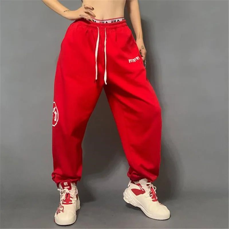 2022 Women's Joggers Pants Loose Jazz hiphop Sweatpants Streetwear Woman Lady Girl Bottoms Trousers Elastic Waist White Red