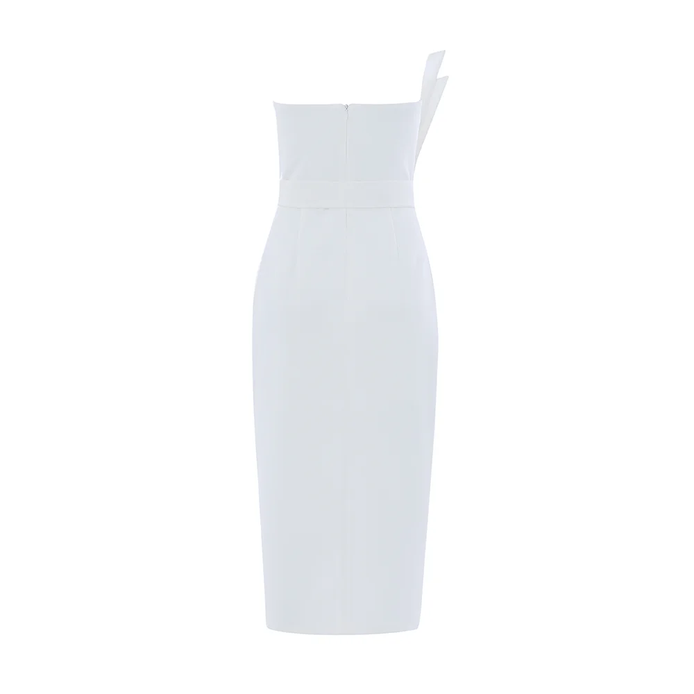 Белый без бретелек рукавов Над коленом пояса Сплит Bodycon платье HB6173-White