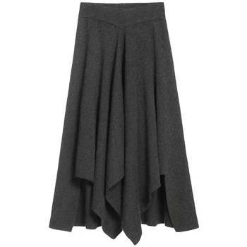 

Skirts Womens Knit 2020 Autumn and Winter New Retro A-lineskirt High Waist Long Section Black Gray Khaki Irregular Pleated Skirt