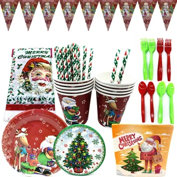 

101Pcs Christmas Theme Party Birthday Party Decoration Supplies Paper Plate Paper Cup Flag Straw Tableware Set Party Supplies