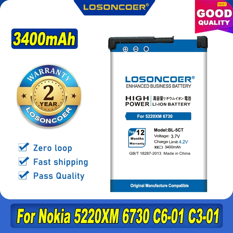 100% Оригинальный LOSONCOER 3400 мА/ч BL-5CT для Nokia 5220 6730 C5 6330 6303i C5-00 C5-02 C6-01 C3-01 C3-01m 6303C 5220XM