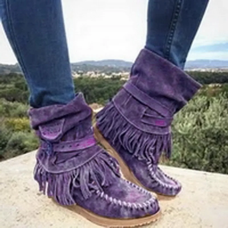 Women Ankle Short Boots Tassels Round Toe Buckle Strap Boots Ethnic Style Warm Non-slip Boots Shoe For Ladies Botas Mujer
