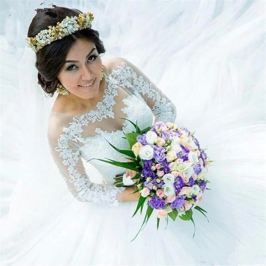JIERUIZE Vestido de Novia Прозрачные Свадебные платья с круглым вырезом 3/4 рукава на шнуровке сзади с кружевной аппликацией, бальное платье, платья невесты