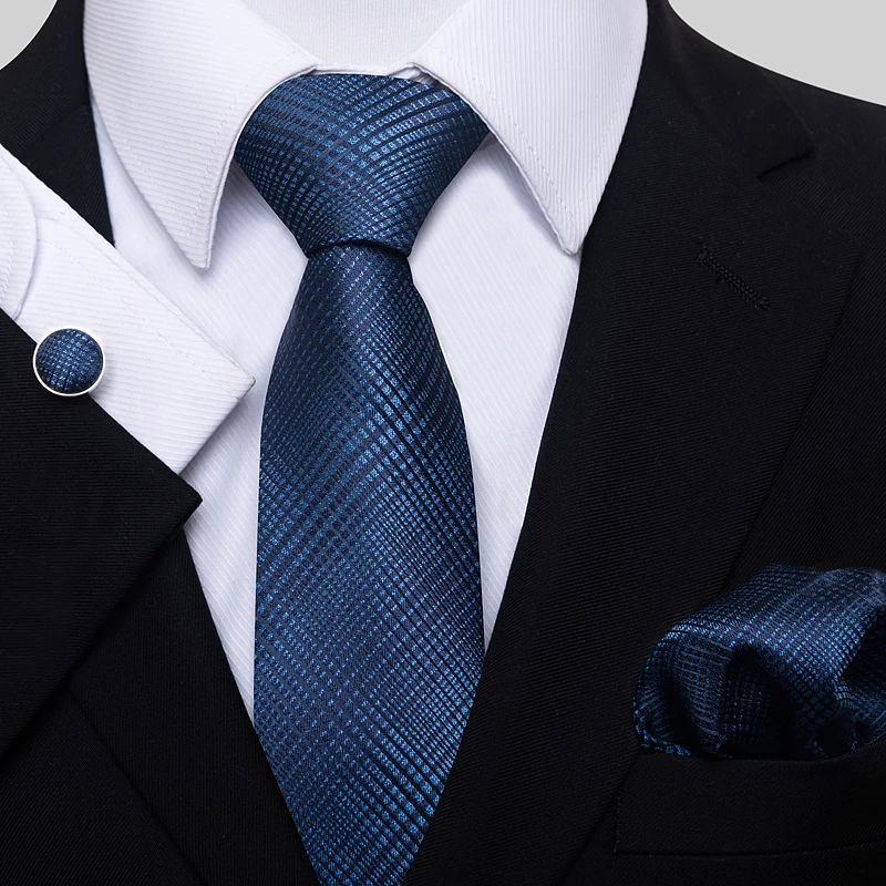 Neck Tie Pocket Square 100% Silk Tie Pocket Squares Cufflink Set Necktie Men Dark Blue Wedding Accessories Office Cravat