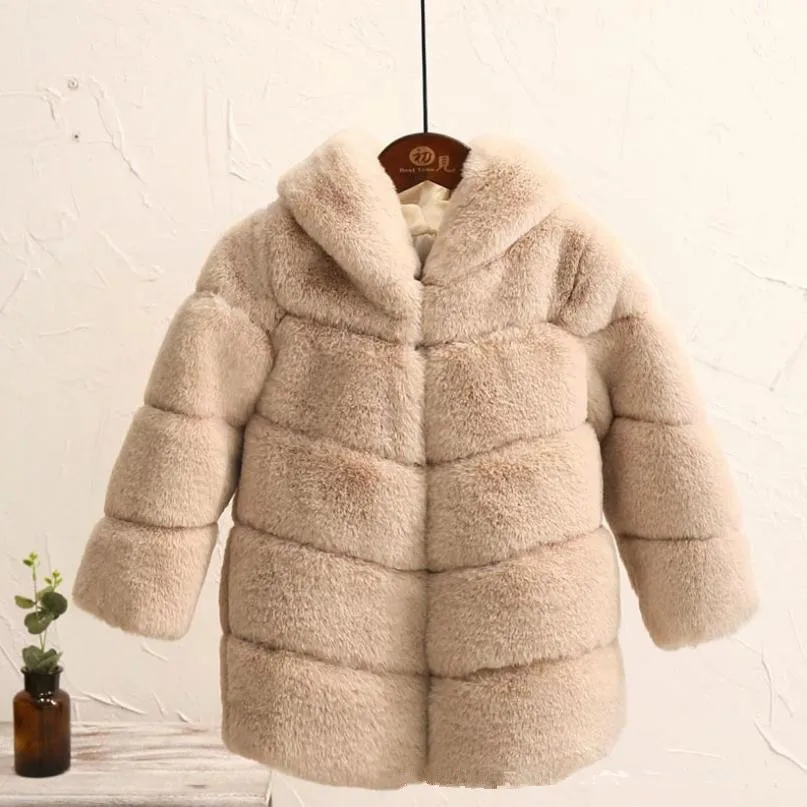 2-8 year Children's Faux Fur Coat Imitation Rex Rabbit Fur Girls Thicker kids Clothing Baby Winter warm Hooded Overcoat Y13