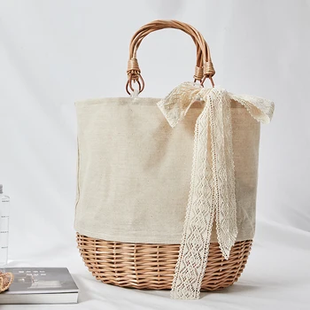 

Women Casual Straw canvas stitching bag rattan portable canvas bag woven Shopping Bag