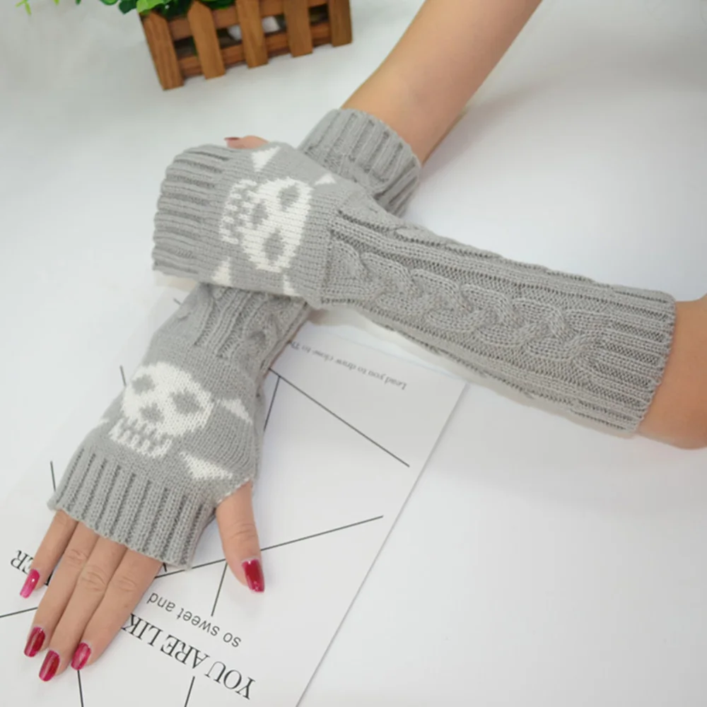 Skull Print Women Fingerless Gloves Ladies Emo Punk Winter Knitted Wrist Arm Hand Warmer Casual Long Mitten Fingerless Gloves