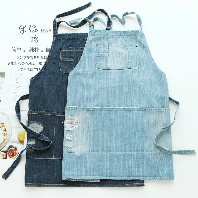 Professiona Korean Adjustable 100% Cotton Denim Apron Kitchen Aprons For Woman Adult Baking Smock Chef Cafe Unisex Jeans Apron