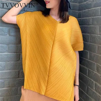 

TVVOVVIN Pink Short-sleeved V-neck Pleat Stitching Loose Plus Woman T-shirt Casual Wild Simple Fashion 2019 Summer New X016