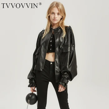 

TVVOVVIN Loose Fit Strap Oversize Shorts Pu Leather Jacket New Lapel Long Sleeve Women Coat Fashion Tide Autumn Winter 2019 F594