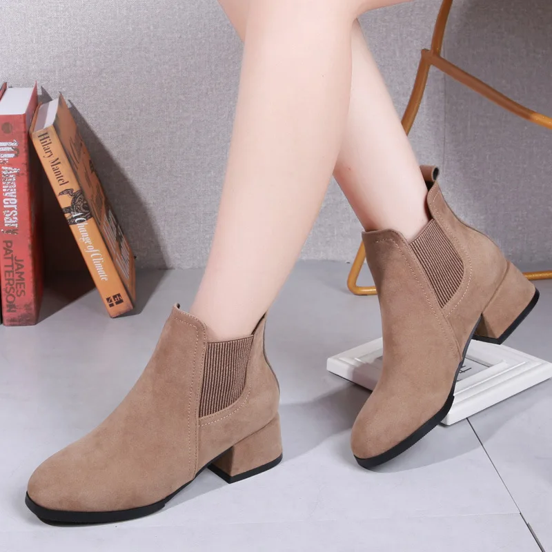 

Winter Suede Women's Ankle Boots Square Heel Woman Shoes Plus Velvet Fashion Pointed Chelsea Boots Ladies Boots 35-41