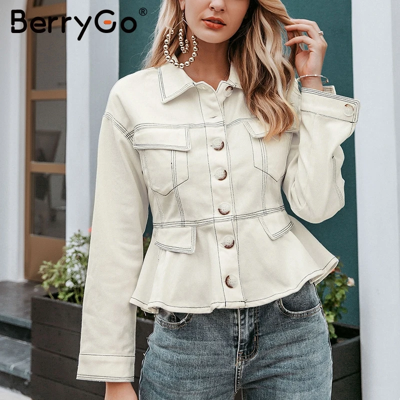 BerryGo элегантные женские джинсовые куртки с длинным рукавом Осенняя женская верхняя одежда хлопковая куртка с высокой талией пуговицы офисные женские белые пальто