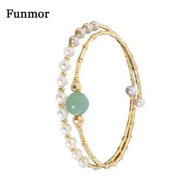 

Funmor Vintage Handmade 585 Gold Multi-Bead Double-Layer Freshwater Pearl Bracelet Emerald For Women Girls Routine Accessories