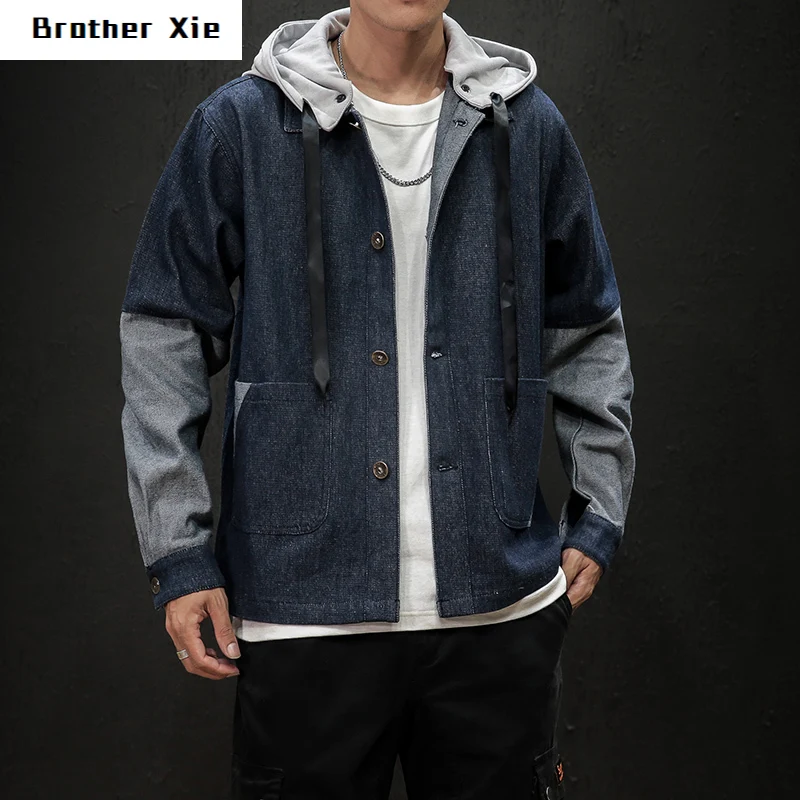 

Autumn New Denim Jacket Men Fashion Wash Retro Contrast Color Casual Hooded Jacket Man Streetwear Hip Hop Loose Bomber Jacket