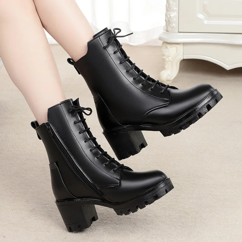 

Large Size Leather Boot Chunky-Heel Wool Short Boots Women's Winter New Style 2019 Cowhide Women's Boots Black And White with Pa