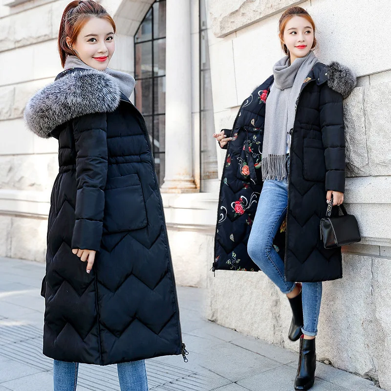 

2018 Winter New Style down Jacket Cotton-padded Clothes Women's Reversible Mid-length over-the-Knee Large Size Fat Mm Slim Fit C