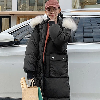 Black-1 Solid Fur Hooded Long Down Coat Women Harajuku Winter Loose Windproof Thicken Down Jackets Female Korean Plus Size Parka Coats - Цвет: Black-1