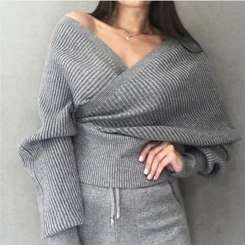 

2019 Autumn and Winter New Two Piece Set Women Sexy V-Neck Cross Knit Top and Pants Sets Female Knitted Tracksuit Sporting Suit