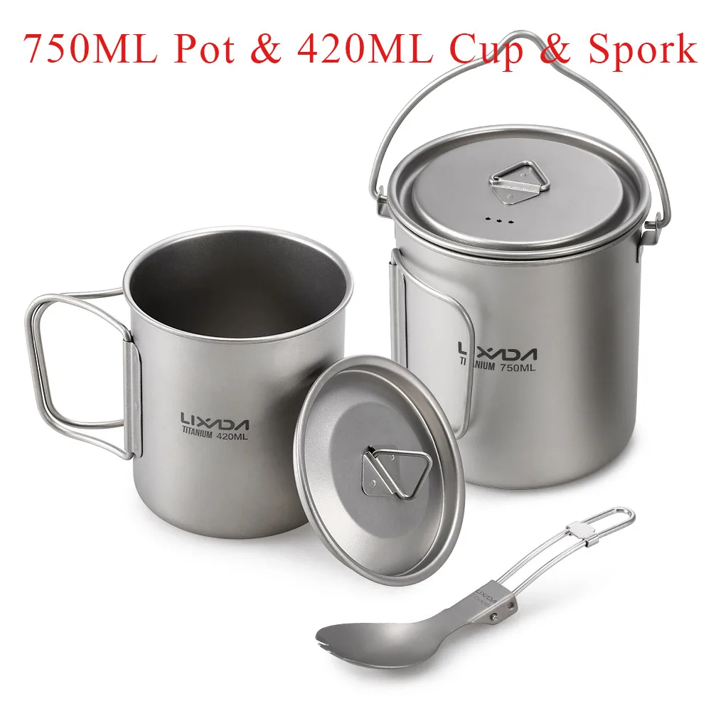 420ML Cup Spork Lixada кружка для воды, титановая чашка, титановый набор кухонной посуды для отдыха на природе, набор кастрюль, сковорода, складные ручки, уличная посуда - Цвет: 420ML Cup Spork