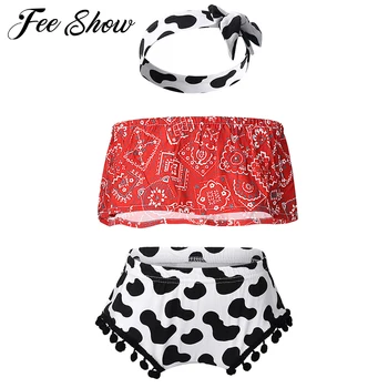 

Cute Newborn Baby Girl Clothes Red bandana print tube top with Pom Pom Trim Bloomers Headband Set 3pcs kids Cowgirl Outfit