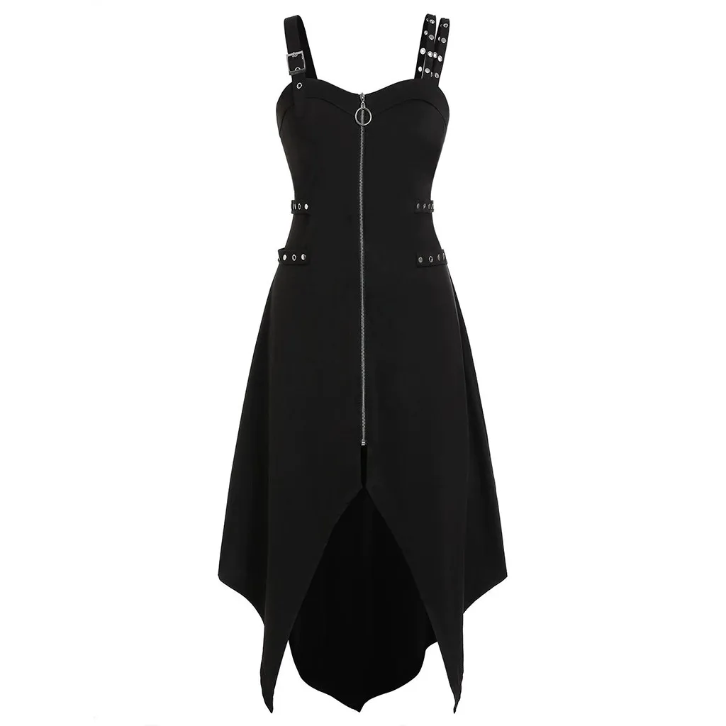 

Women Gothic Black Dress Zipper Irregular Hem Sleeveless Camisole Dress Casual Party Dresses Ladies Sexy Dresses 2019